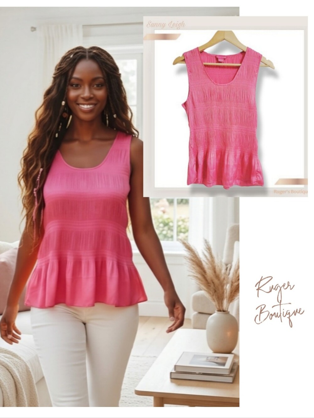 🌿Sunny Leigh Women's Large Pink Smocked Peplum Top